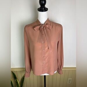 Vintage Celine Paris French 70s Mauve Silk Lavallière Bow tie Blouse Luxury COA